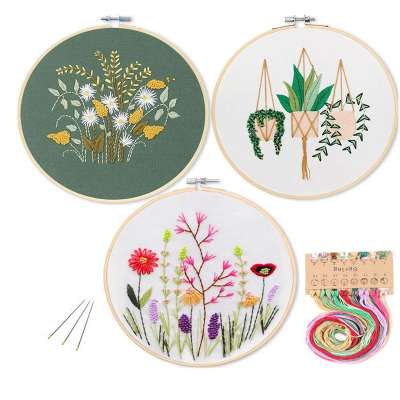 DIY Stamped Embroidery Starter Kit with Flowers Plants Pattern Embroidery Cloth Color Threads Tools Kit