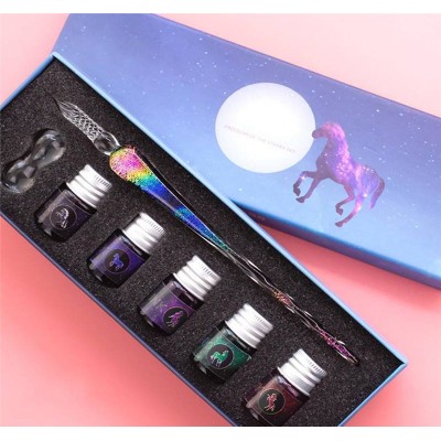 Rainbow Glass Fountain Pen Water Set Student Crystal Dip Pen Gift Box Handmade Stationery Creative Ink Pen Art Supplies