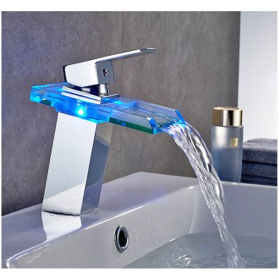 LED Bathroom Faucet Waterfall Brass Basin Faucet Cold Hot Mixer Tap Deck Mounted Sink Mixer Crane